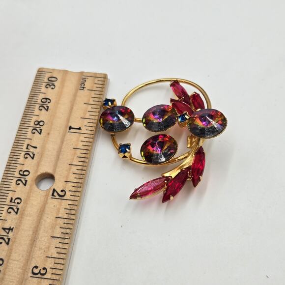 Vintage 1950's Spray Brooch w/Watermelon Orange Pink Rivoli & Navettes - Picture 4 of 4